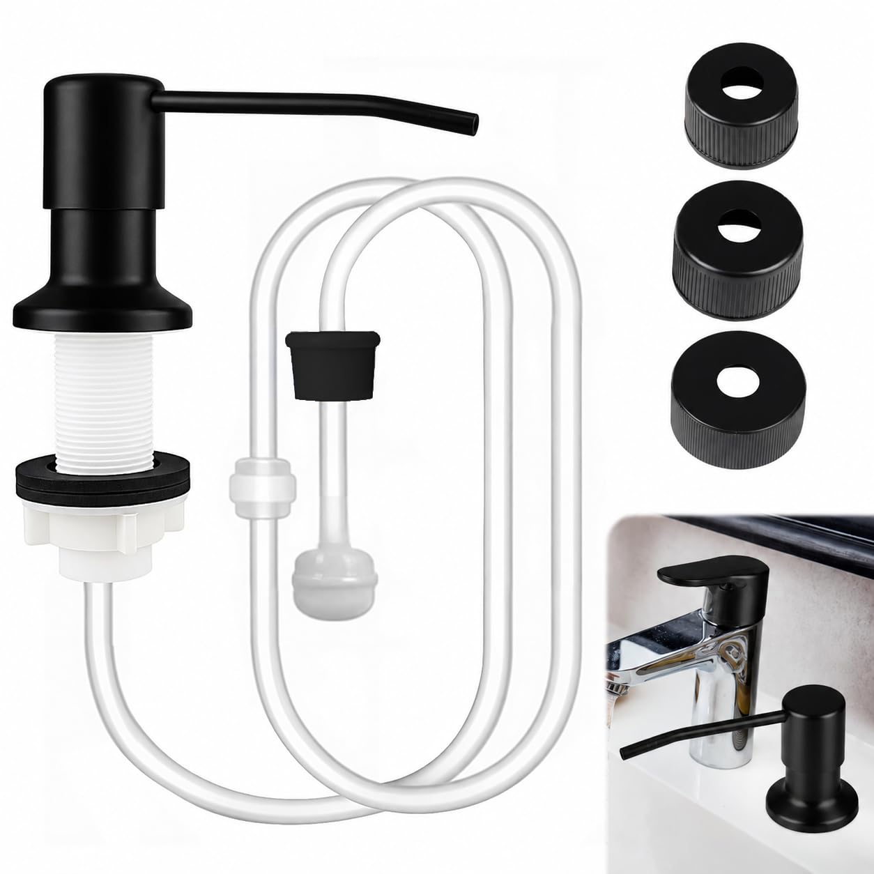 Kitchen Sink Soap Dispenser with 120cm Silicone Tube, Stainless Steel Press Pump for Kitchen Countertop, Built-In Dish Washing Up Liquid Dispenser with 3 Bottle Caps, Fits 24-40mm Holes（black）