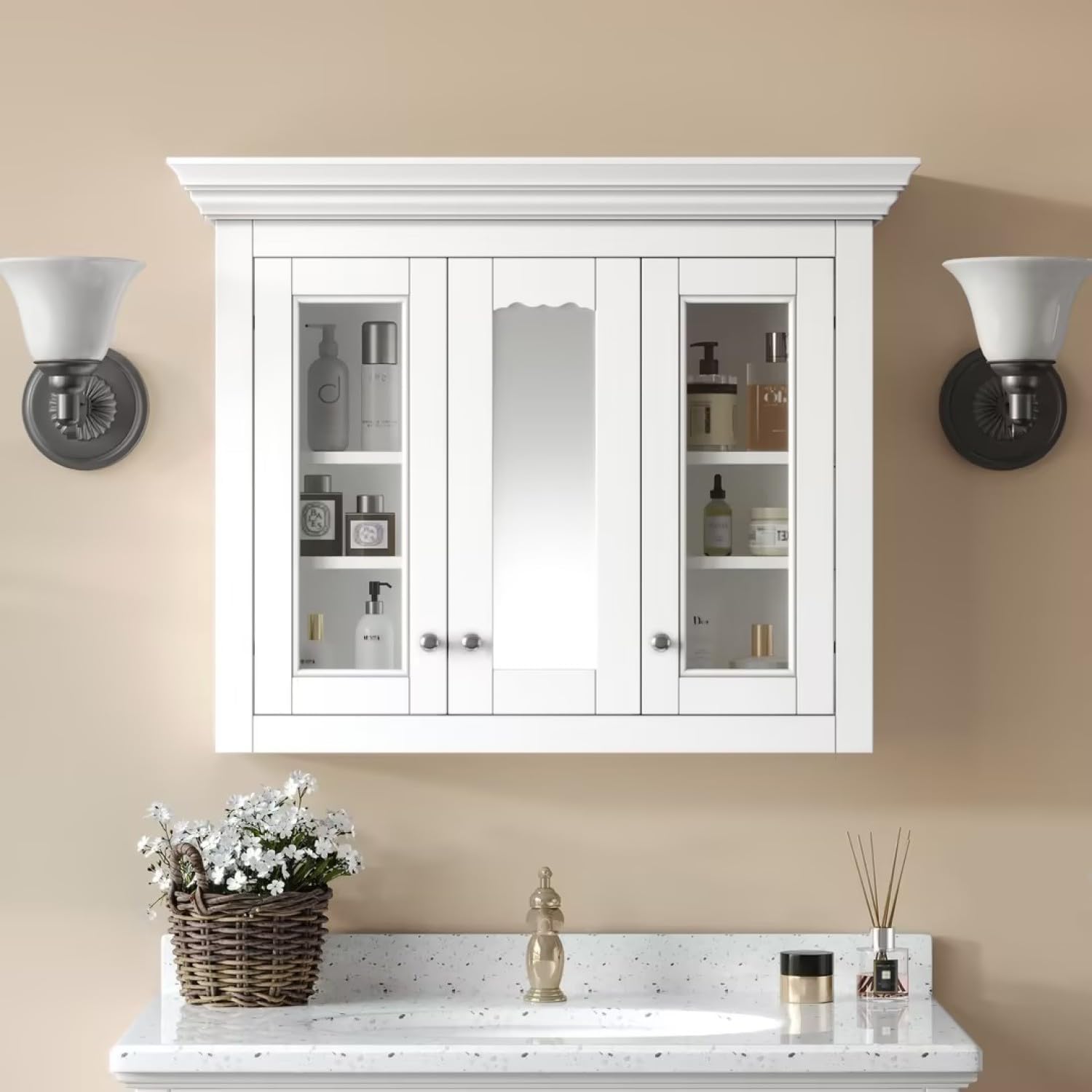 35" Bathroom Cabinet with Mirror White Solid Wood 2-in-1 Design Wall Mounted Storage Space-Saving for Small Bathrooms