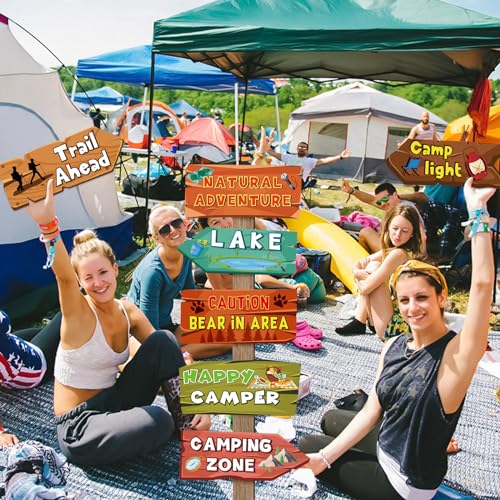 Image of Hooqict 20 Pieces Camping Themed Party Decorations Camping Party Directional Signs for Summer Camp Decor Welcome to Camp Birthday Party Supplies Classroom Wall Door Porch Yard Sign