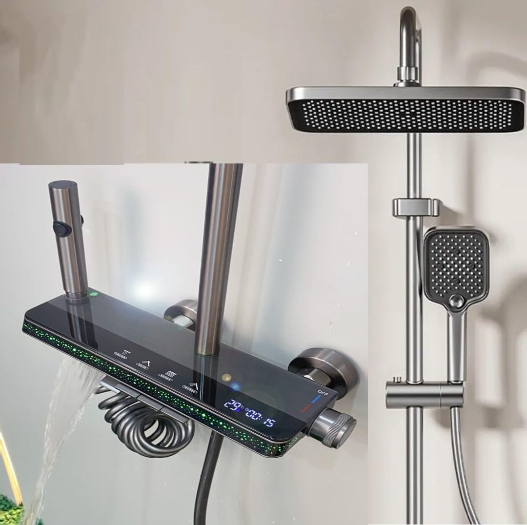 Luxury thermostat Shower set System 4in1 shower panel with large Overhead Rainfall (Gun Grey)