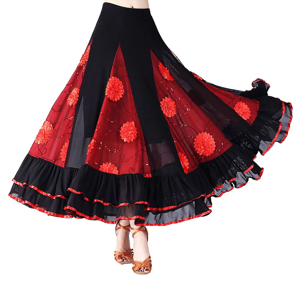 Mujer Falda de Flamenco Práctica de Baile Moderno Falda Larga de Satén con Flores de Lentejuelas Falda con Volantes de Salón Tango Clásica Falda Larga de Swing Falda Plisada Casual