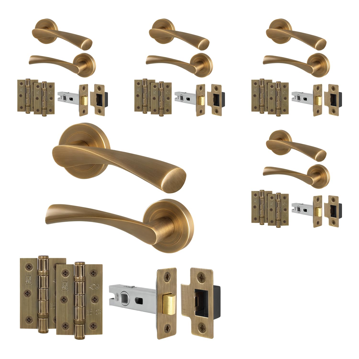 EAI Antique Brass Door Handles Latch Kit, 5 Pairs of Internal Round Rose Handles, Latch 64mm, Hinges 64mm - Novoli Range
