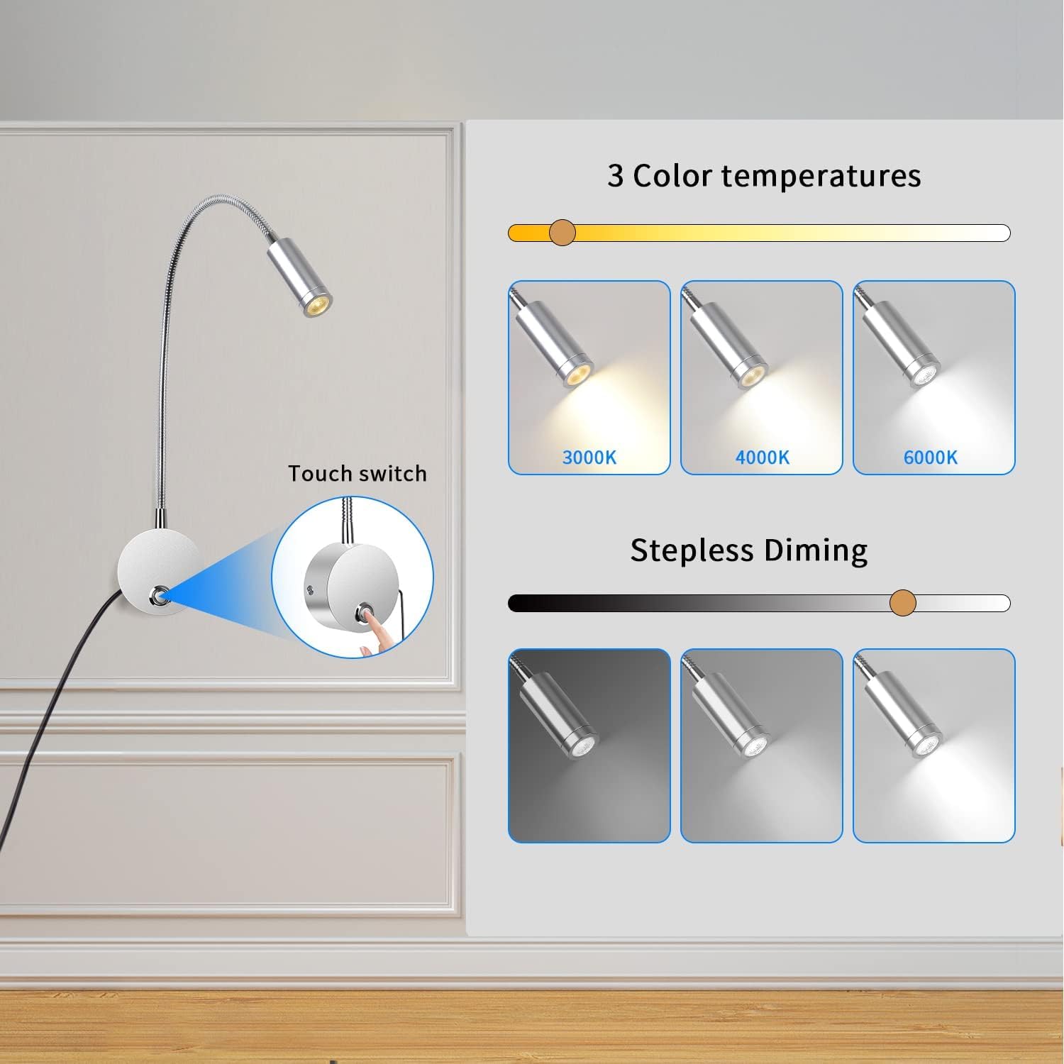ERWEY Leselampe Wandmontage, LED Wandleuchte Bettlampe mit Schalter Touch Dimmbar und USB-Ladeanschluss, Bett Leselicht 360° Schwenkbar Schwanenhals Lampe mit Stecker und Kabel für Schlafzimmer
