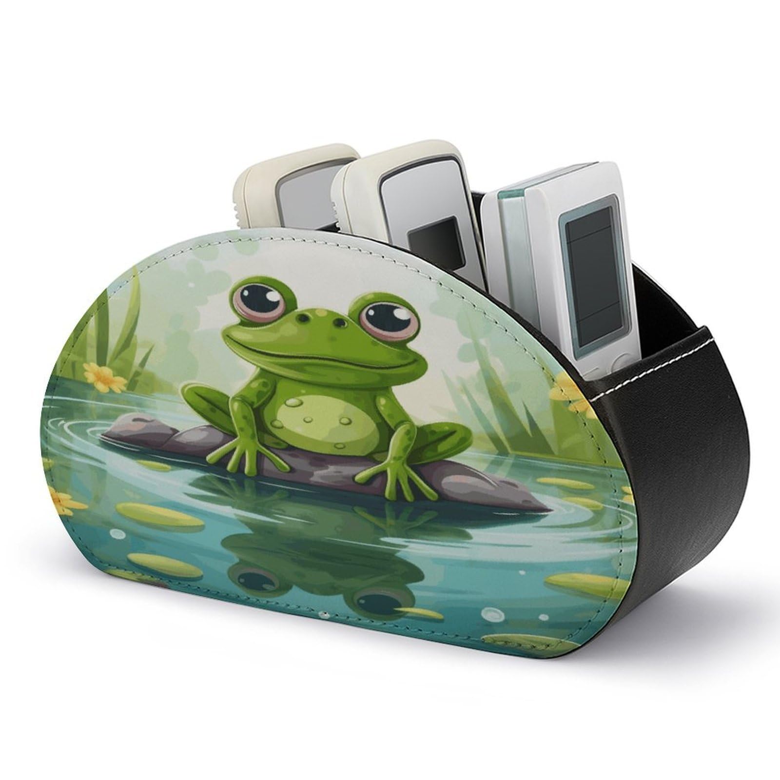 FodPand Frog in A Pond Remote Control Holders PU Leather Remote Caddy Desktop Organizer with 5 Compartments TV Remote Holder Box Tray for Bedside Table Office Desk Accessories&Gift