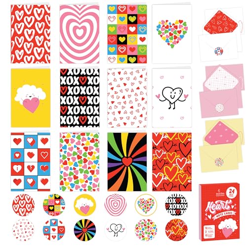 Decorably 24 Pack 4x6in Heart Note Cards with Envelopes and Stickers, 12 Charming Designs Blank Love Greeting Cards- Valentine's Day, Mother's Day, Anniversary, Birthday