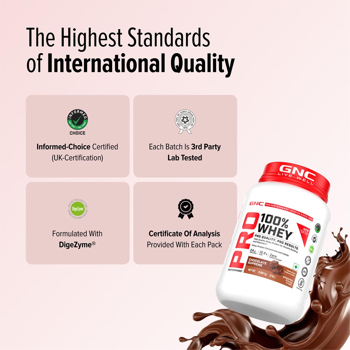GNC Pro Performance 100% Whey Protein | New Formulation | 24g Protein, 5.7g BCAAs, 12.3g EAAs | Added DigeZyme® | Whey Isolate & Concentrate Blend, Low Carb (4.51g), No Added Sugar | Chocolate Supreme , 907g — Amazon image 6