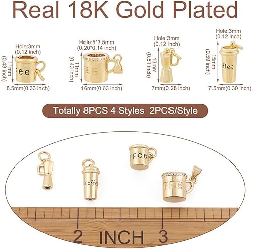Miniatura 5 de Pandahall 8 dijes colgantes chapados en oro real de 18 quilates para taza de café y taza de té para hacer pulseras y collares de bricolaje