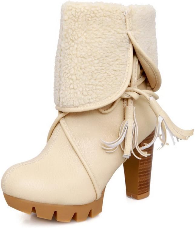 WeenFashion Women's PU Cashmere Lining High Chunky Heels Colorant Match Ankle Boots with Lace-up and Purl, Beige, 9.5 B(M) US