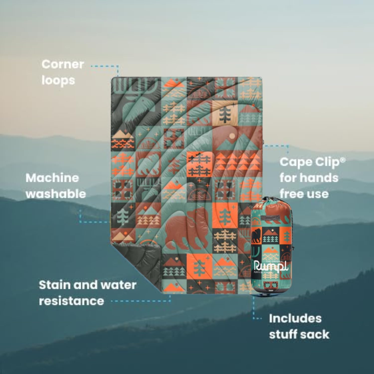 Rumpl Original Puffy Blanket - Warm, Water-Resistant Camping Blanket with 100% Recycled Synthetic Insulation, 52"x75", Original Puffy V1, Forest Cabin