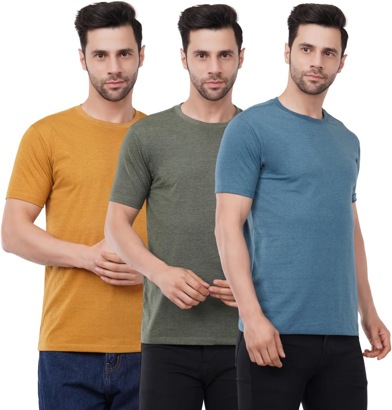 tiniesCotton Tshirt Crew Neck Mens Plain Solid Regular Fit Half Sleeve Mens T-Shirt (Combo Set of 3) Honey Army Green Cyan Size S