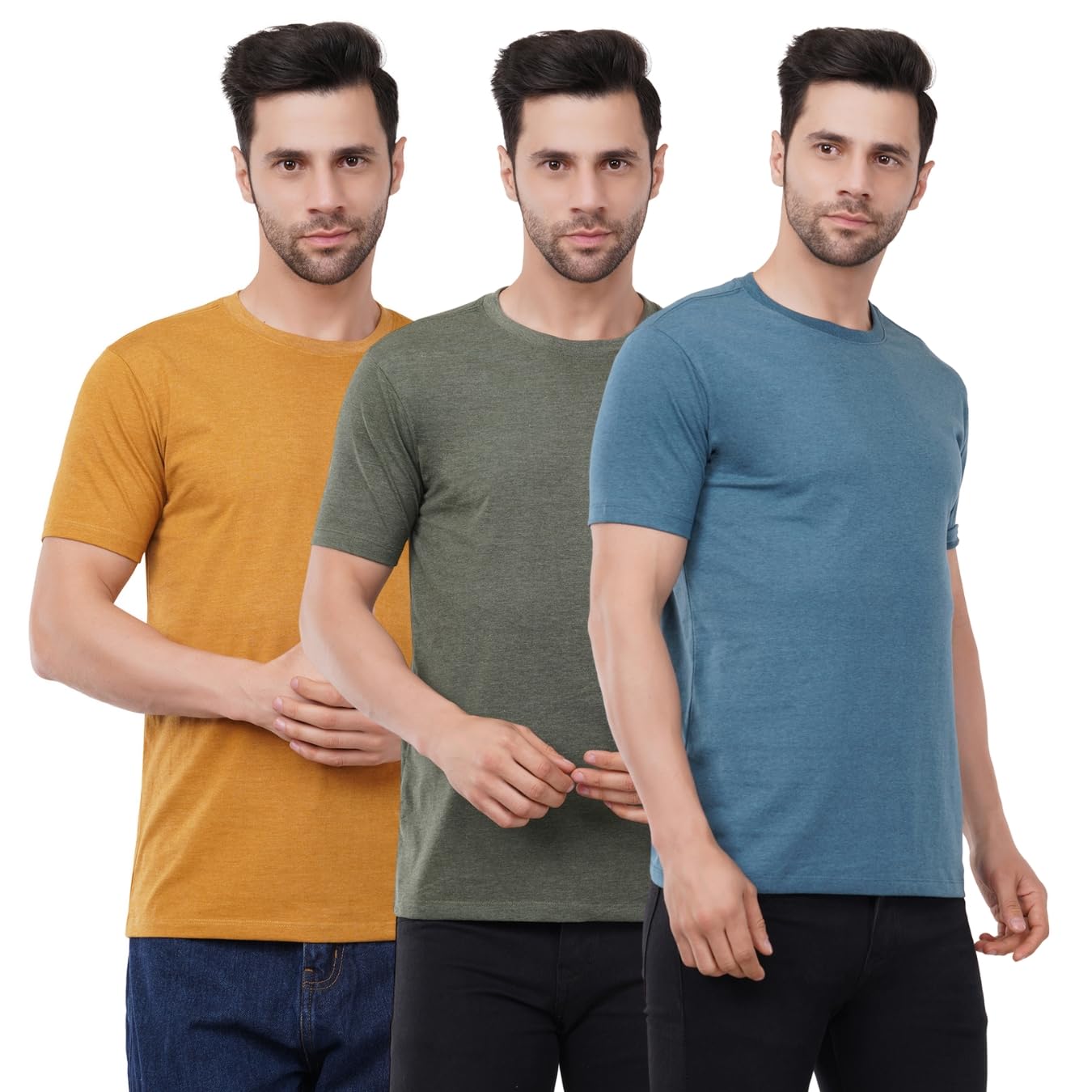 tiniesCotton Tshirt Crew Neck Mens Plain Solid Regular Fit Half Sleeve Mens T-Shirt (Combo Set of 3) Honey Army Green Cyan Size S