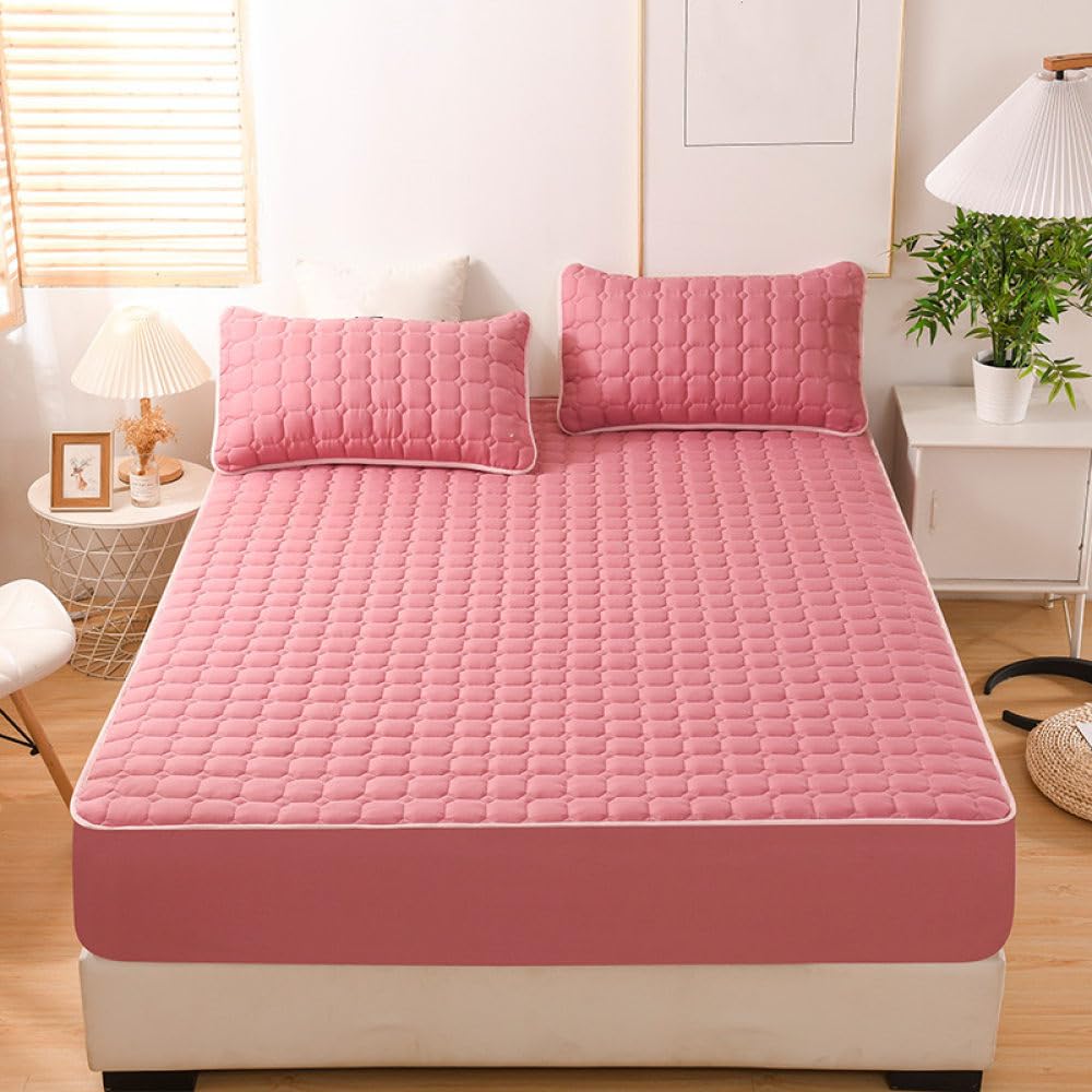 Sábana Doble Acolchada Gruesa Colchón Sábana Ajustable Elástica Suave Y Transpirable con Funda De Bolsillo Profundo Lino,Rosado,150x200x30cm
