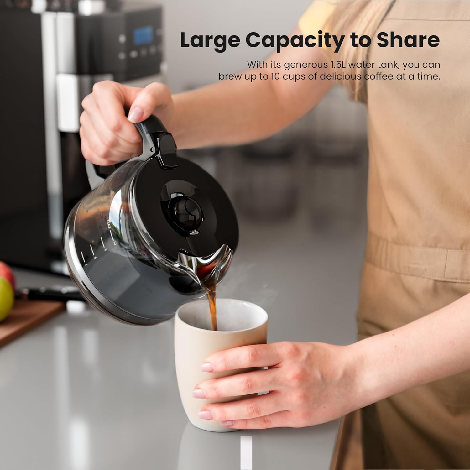 10-Cup Drip Coffee Maker with Built-in Grinder, Programmable Grind & Brew, 220g Bean Hopper, Adjustable Grind Size & Coffee Strength, Descaling Alert, 24H Timer, 2H Keep Warm, LED Touchscreen — view 6