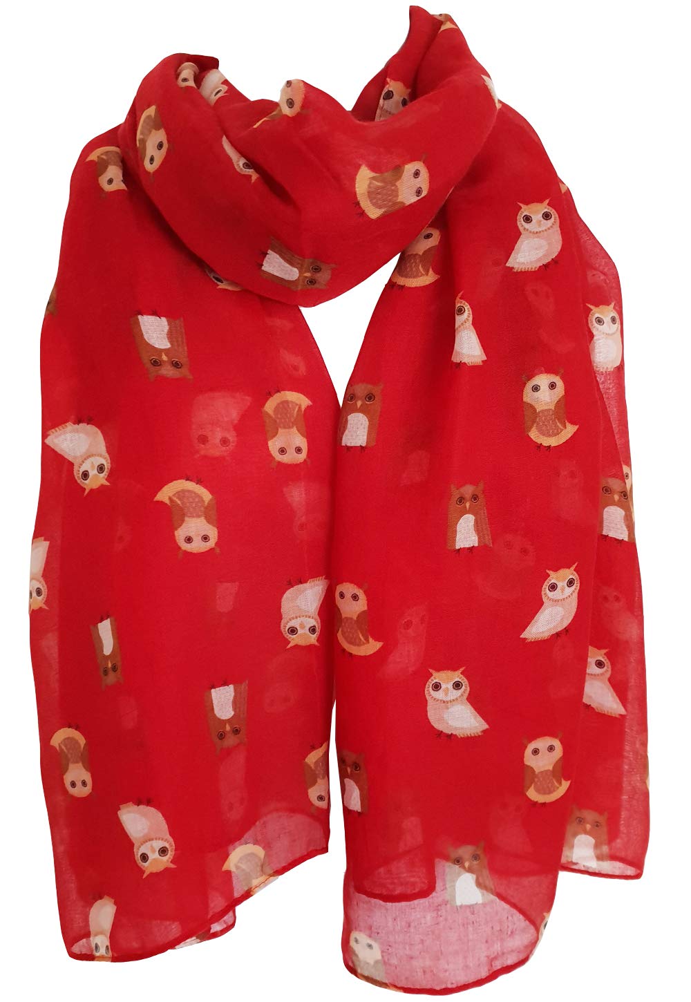GlamLondon Bird Print Scarf Ladies Lightweight Fashion Oversize Wrap (Christmas Owl - Red)(Size: L)