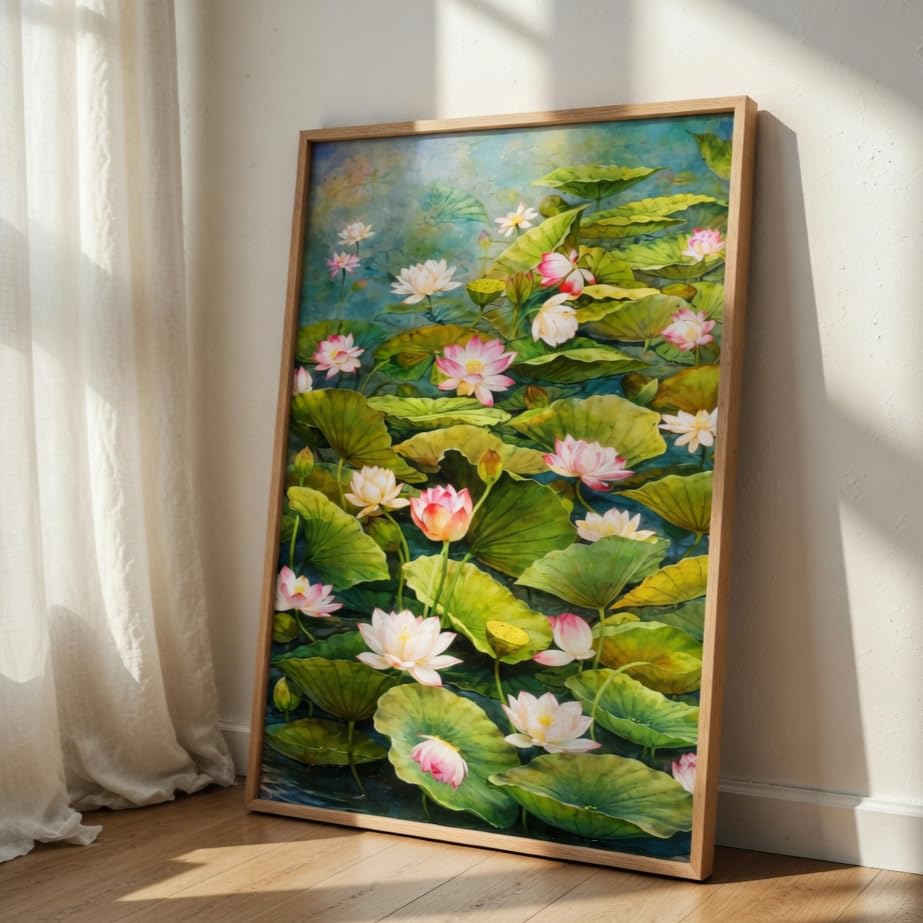 Image of Livin'luxe Lotus Pond Wall Painting with Wooden Frame | Elegant Lotus Flower Nature Artwork HD UV Laminated MDF Wall Decor | Floral Water Garden Wall Art for Living Room Bedroom