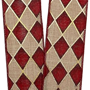 Christmas Harlequin Diamonds Wired Ribbon - 2 1/2" x 10 Yards, Red, Natural, Gold, Argyle, Gift Wrapping, Wreath Decoration, Garland, Tree Topper Bow Decor, Valentine's Day Christmas Harlequin Diamonds Wired Ribbon 2 12 x 10 Yards Red Natural Gold Argyle Gift Wrapping Wreath Decoration Garland Tree Topper Bow Decor Valentines Day