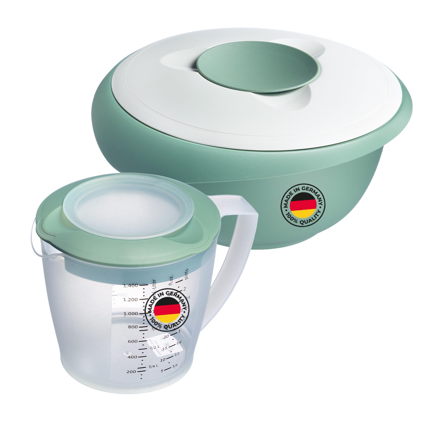 Westmark Mint Green/White Mixing Bowl (2.5 L) And Mixing Jug Helena (1.4 L) – Mixing Bowl With Splash Guard Rim And Rubber Ring – Jug With Pourer And Measuring Scale – Mint-Green