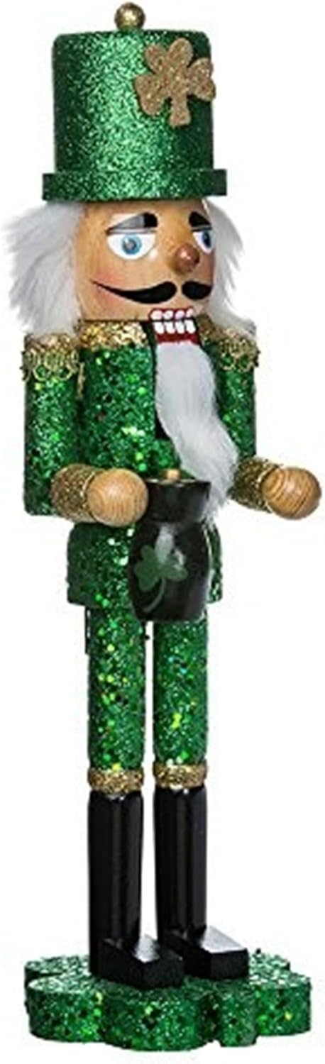 Kurt Adler 15-Inch Wooden Irish Nutcracker on Shamrock Base,Green