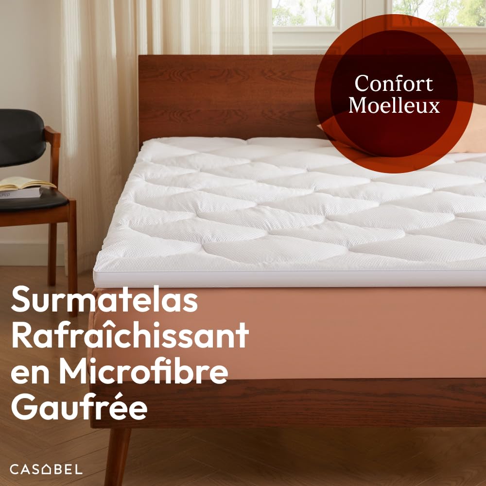CASABEL Surmatelas 140x200 cm en Microfibre Rafraîchissante, Garnissage Fibre Creuse 600 GSM, 4 cm d’Épaisseur, Fixation Élastique - sur Matelas 2 Personnes 140x200