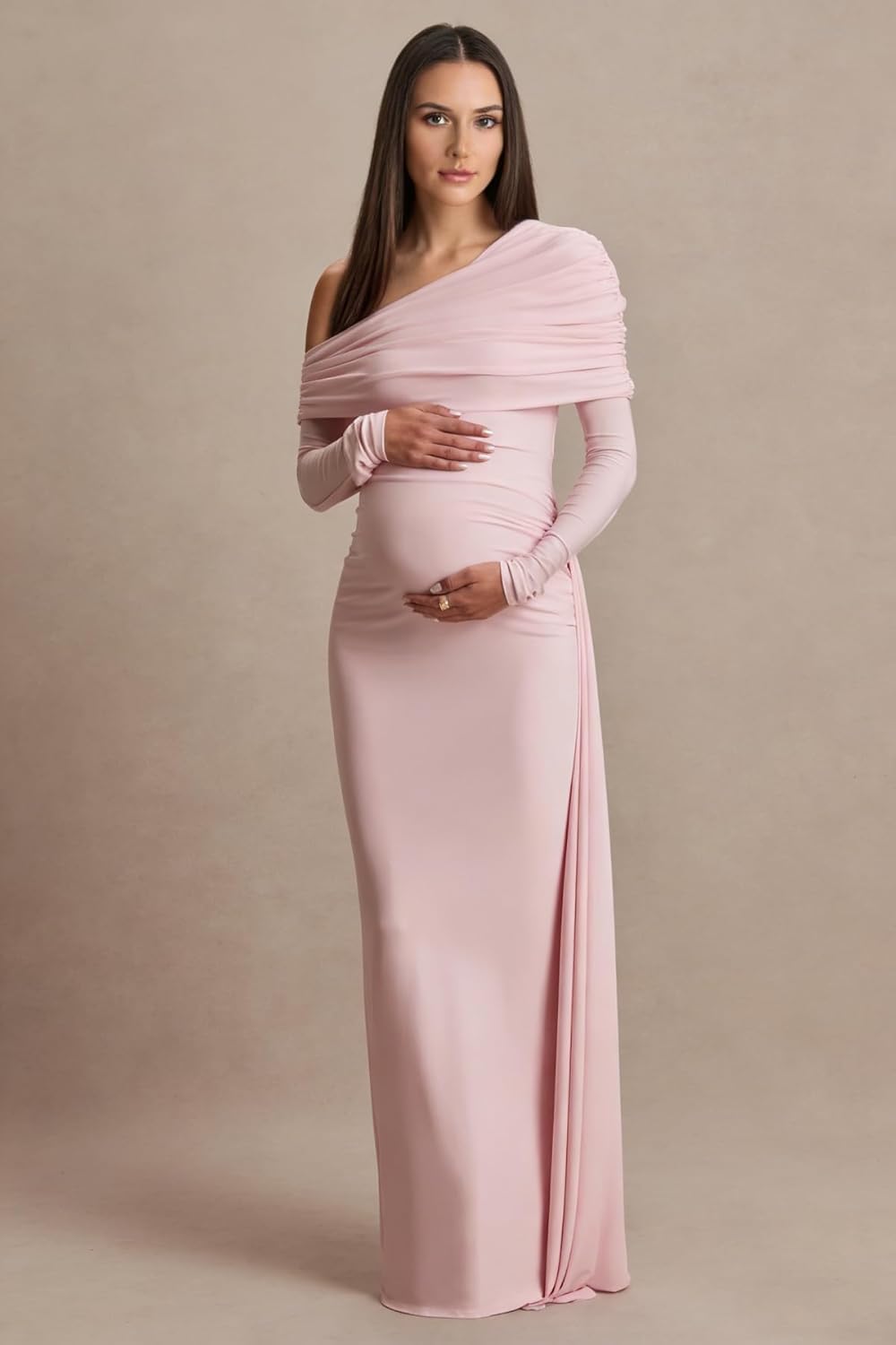 Women's One Shoulder Maternity Maxi Dress for Photoshoot Satin Mermaid Long Sleeve Baby Shower Dress