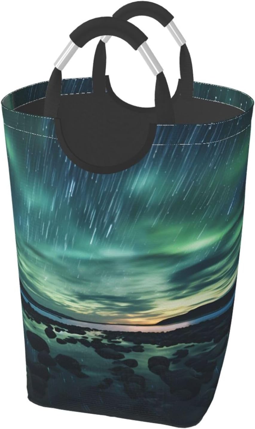 Sea under the Aurora Borealis Foldable storage bag, 50L capacity, suitable for laundry room, dormitory bedroom, dirty clothes storage basket.