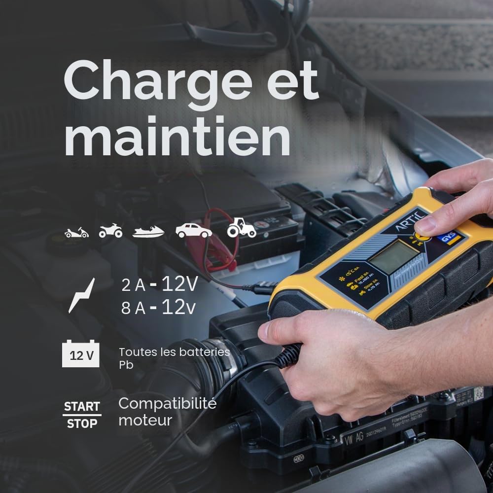 GYS - Artic 8000 – Chargeur de Batterie Inverter – (12V) 2/8 A – Idéal Voitures Citadines, Motos, Jet-Skis et Véhicules de Collection – Livré avec Pinces et Cosses de Connexion
