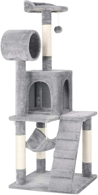Yaheetech Cat Tree 130cm Cat Scratching Post with Plush Perches/Condo/Tunnel/Hammock/Ladder, Cat Climbing Tower, Light Grey