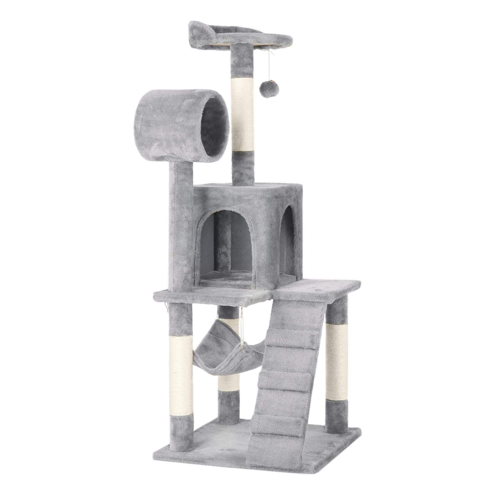 Yaheetech Cat Tree 130cm Cat Scratching Post with Plush Perches/Condo/Tunnel/Hammock/Ladder, Cat Climbing Tower, Light Grey