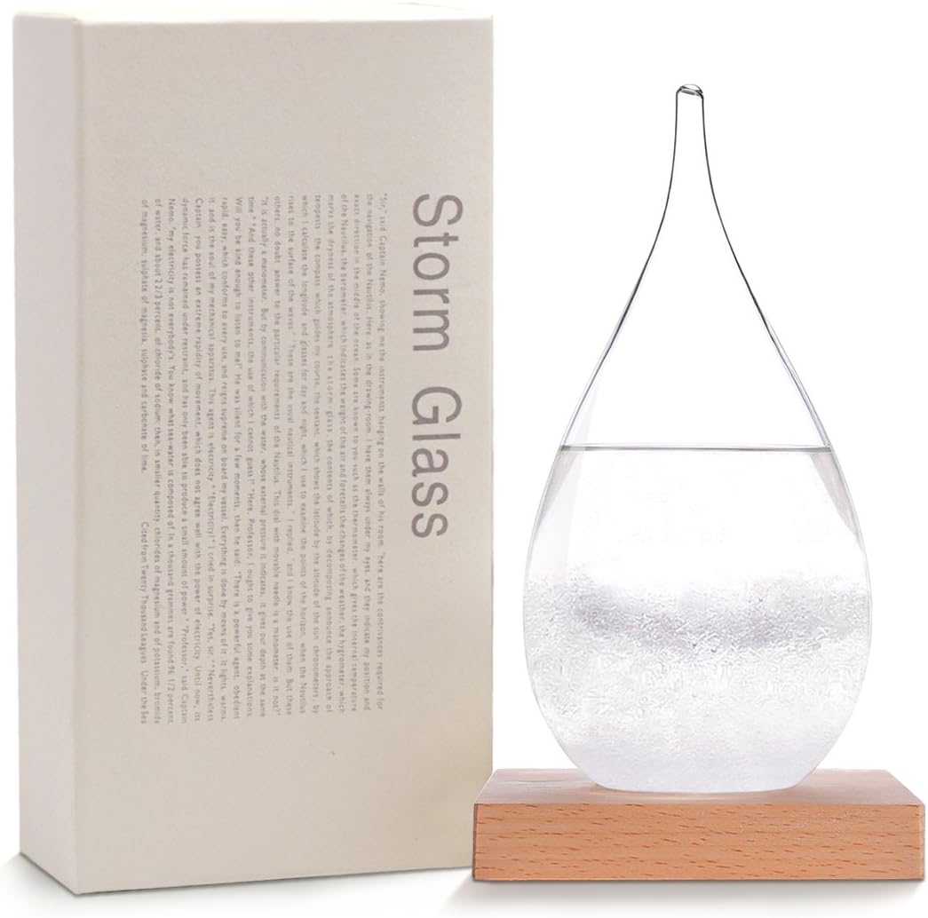 Amymami Storm Glass Weather Predictor, Creative Stylish Weather Station Forecaster Storm Glass Bottles Barometer with Wood Base, Desktop Drops Decoration Crafts Conversation Piece