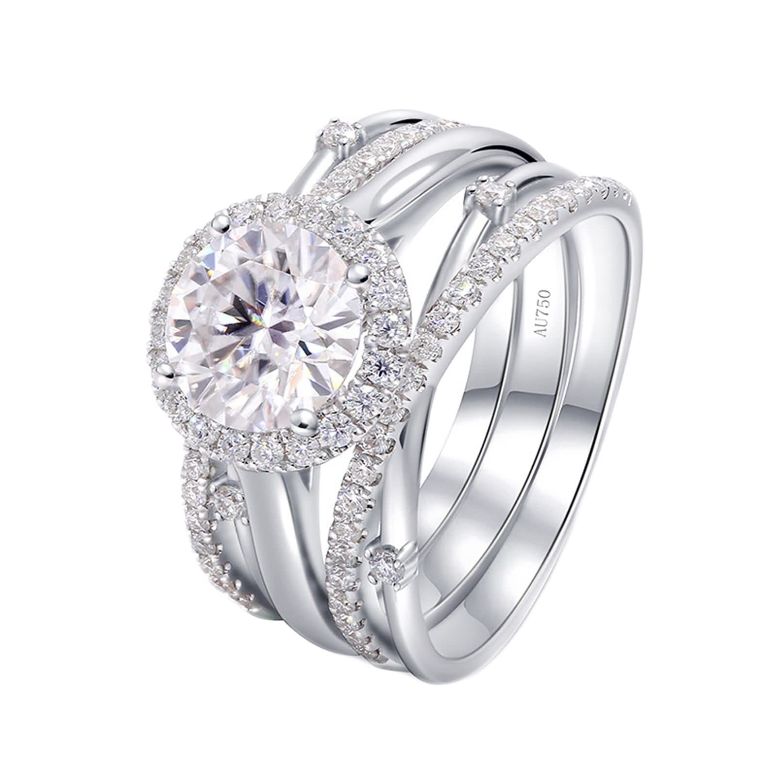 Anillos de oro blanco para mujer, juego de anillos de boda de oro blanco de 14 K/18 quilates con 4 puntas redondas de 8 x 8 mm con moissanita de 2 quilates | Tamaño del anillo personalizado