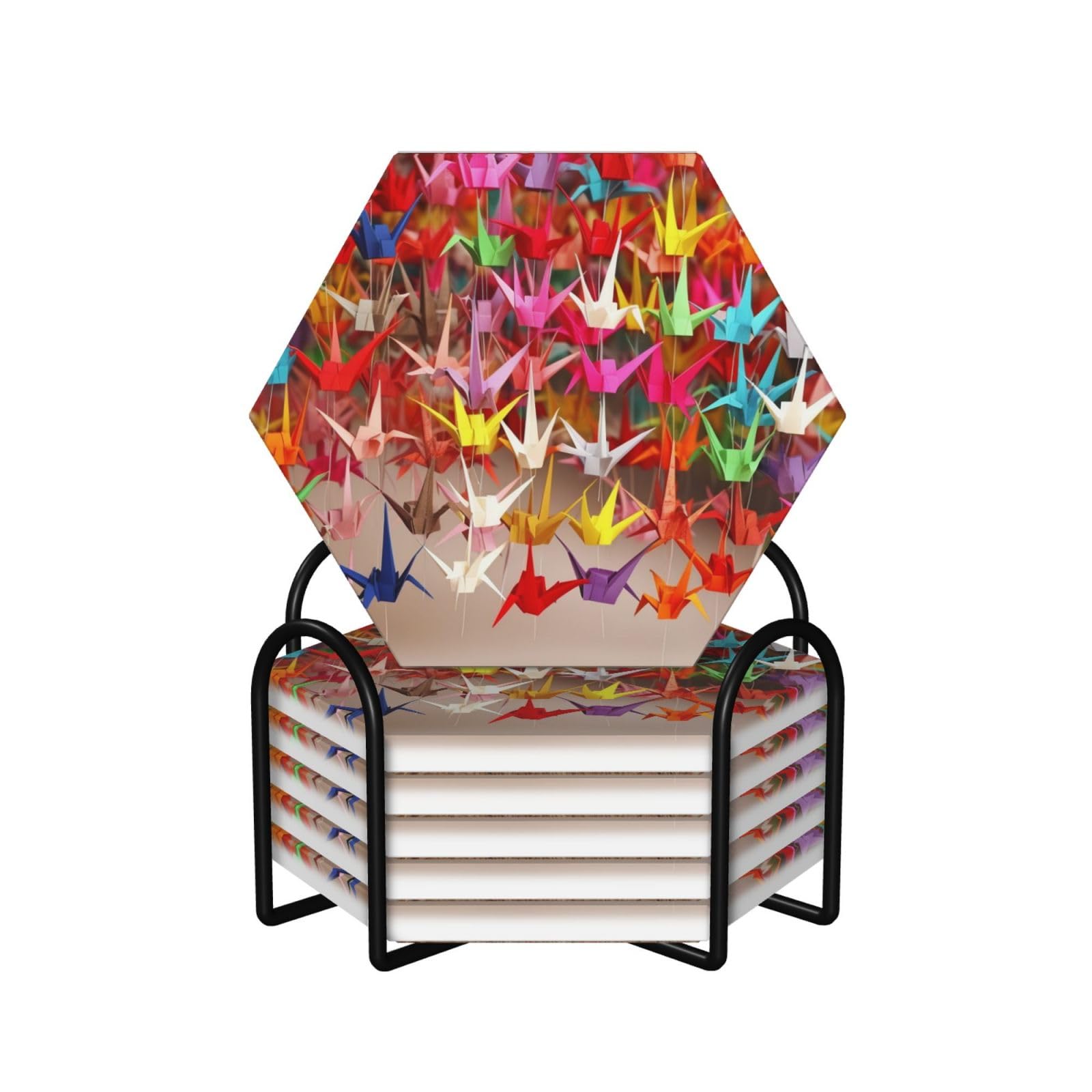 6Pcs Ceramics Coaster for Drinks, Origami Paper Cranes Cup Coasters with Holder, Aesthetic Drink Coasters for Coffee Table, Absorbent Round Coaster for Tabletop Protection 4" Cup Mat Pad
