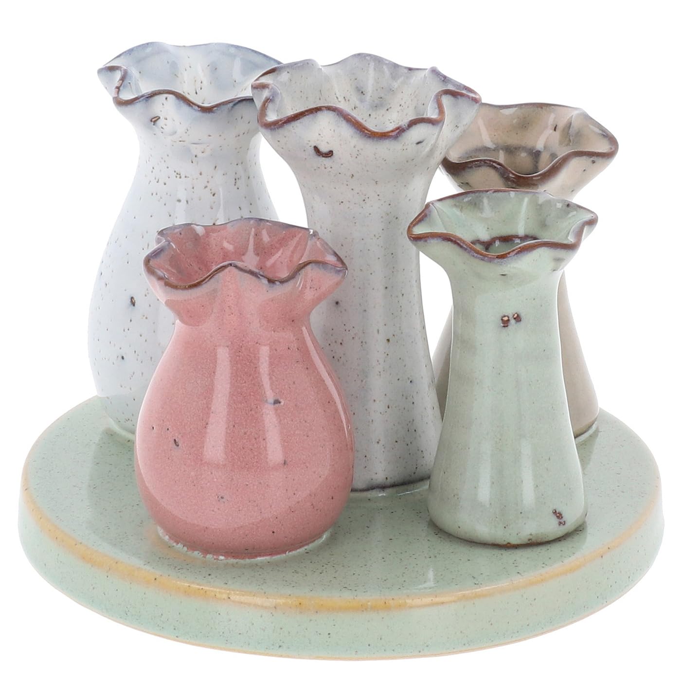Shudehill Giftware Petite Pottery Pastel Tones Mini Collection of Vases - Great for Single Flowers, Dried Arrangements and More (5 Stem Frilly Vase)