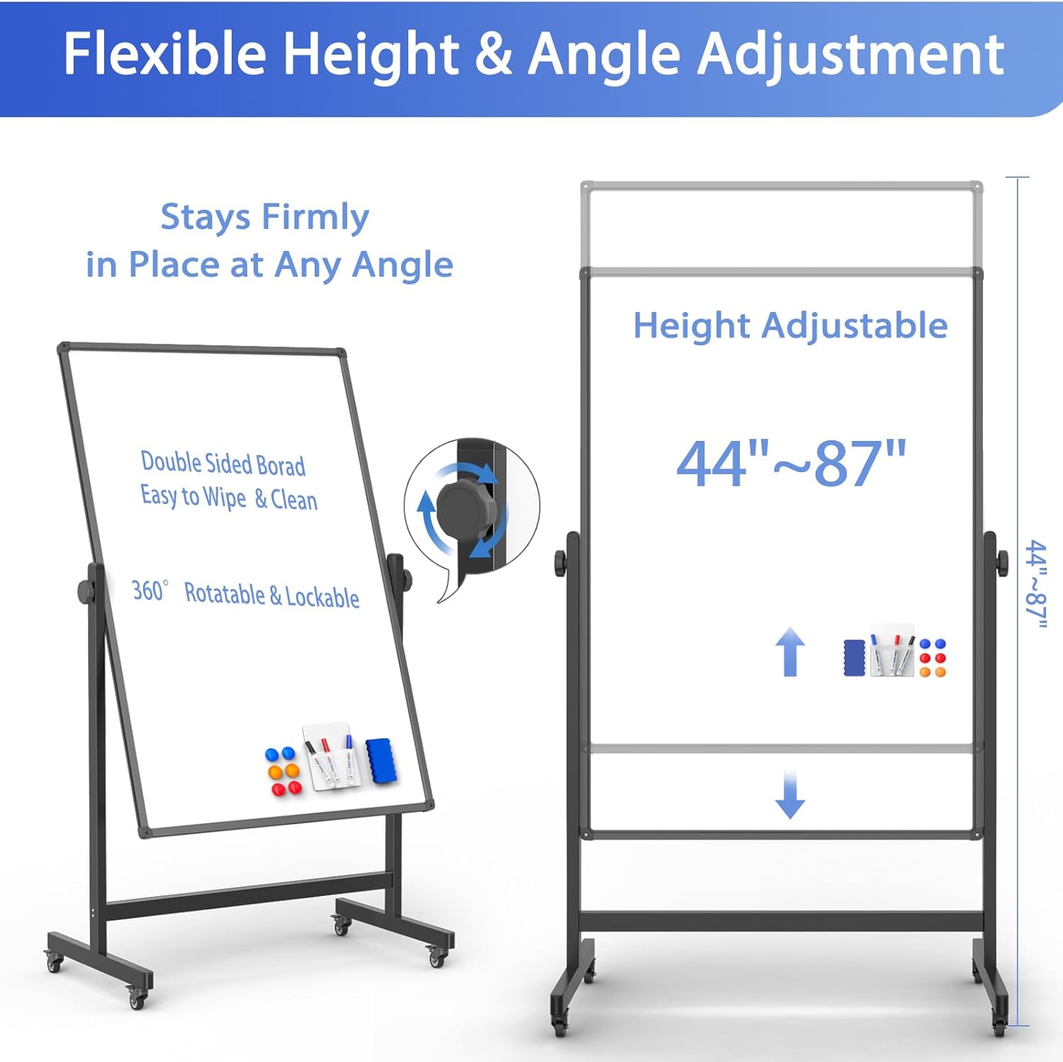 rolling whiteboard on wheels, double-sided magnetic dry erase board with stand, mobile white board for office, classroom, home (32" x 48") black 32"w x 48"h