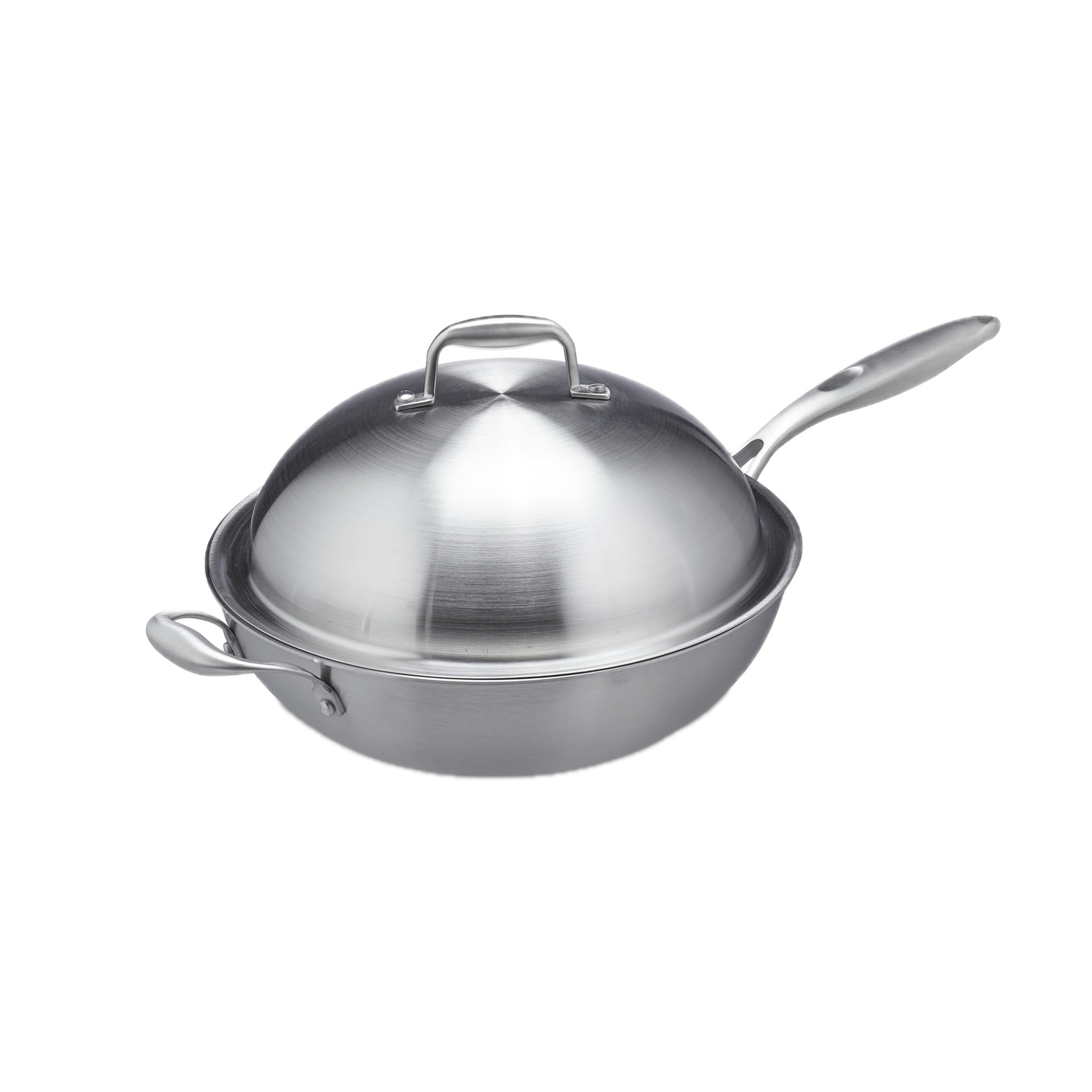 Relaxdays Wok, diamètre de 32 cm, Acier Inoxydable, Couvercle Verre, cuisinière à Induction, gaz, éléctrique, argentée