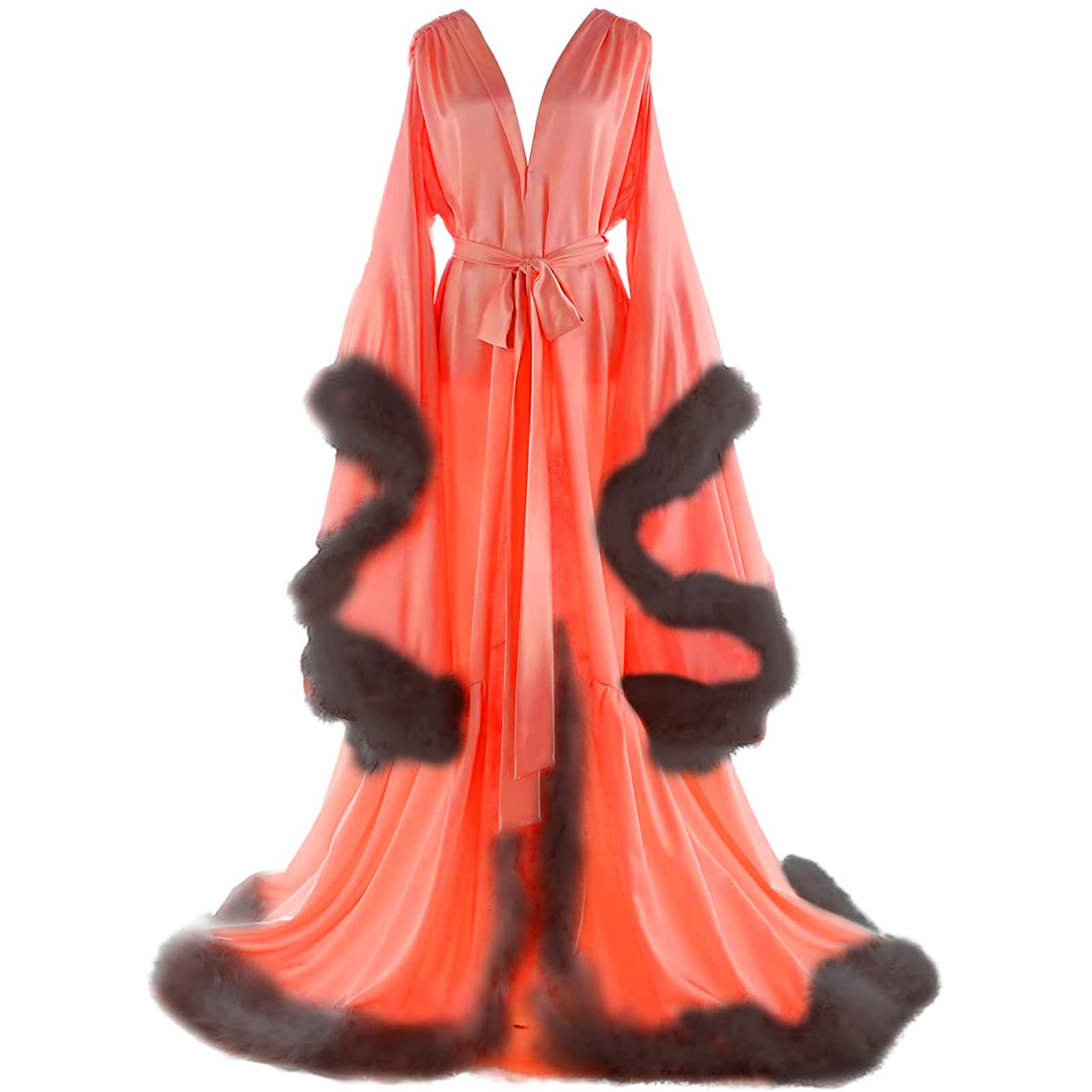 Daily Life Mall Women's Feather Bridal Robes Old Hollywood Maternity Photoshoot Nightgown Silk Bathrobe Long Lingerie: 3X-Large Coral+black