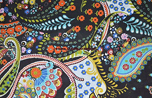 Image of Indian Hand-Block Printed Jaipuri Print Tropical Paisley Floral Ethnic Sanganer Kurti Print Cotton Fabric (Black Paisley, 20 Yards)