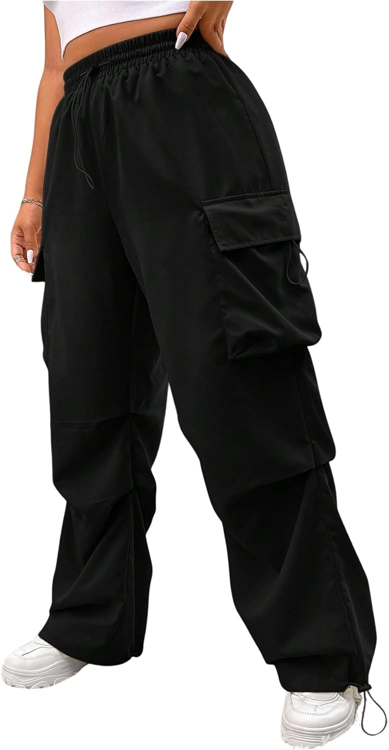 OYOANGLE Women's Plus Size Elastic Waist Cargo Pants Flap Pocket Ruched Parachute Pants Y2k Jogger Sweatpants - Image 5