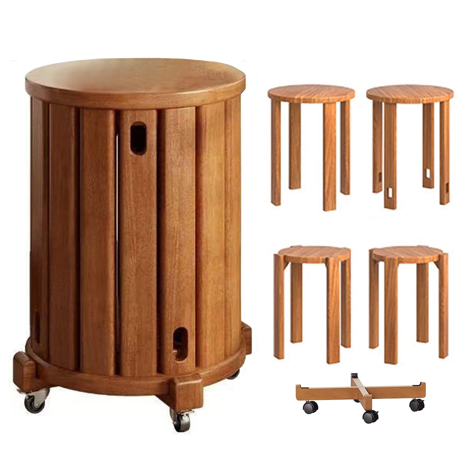 4 tabourets ronds en bois massif avec roulettes lot de quatre marron clair minimalistes