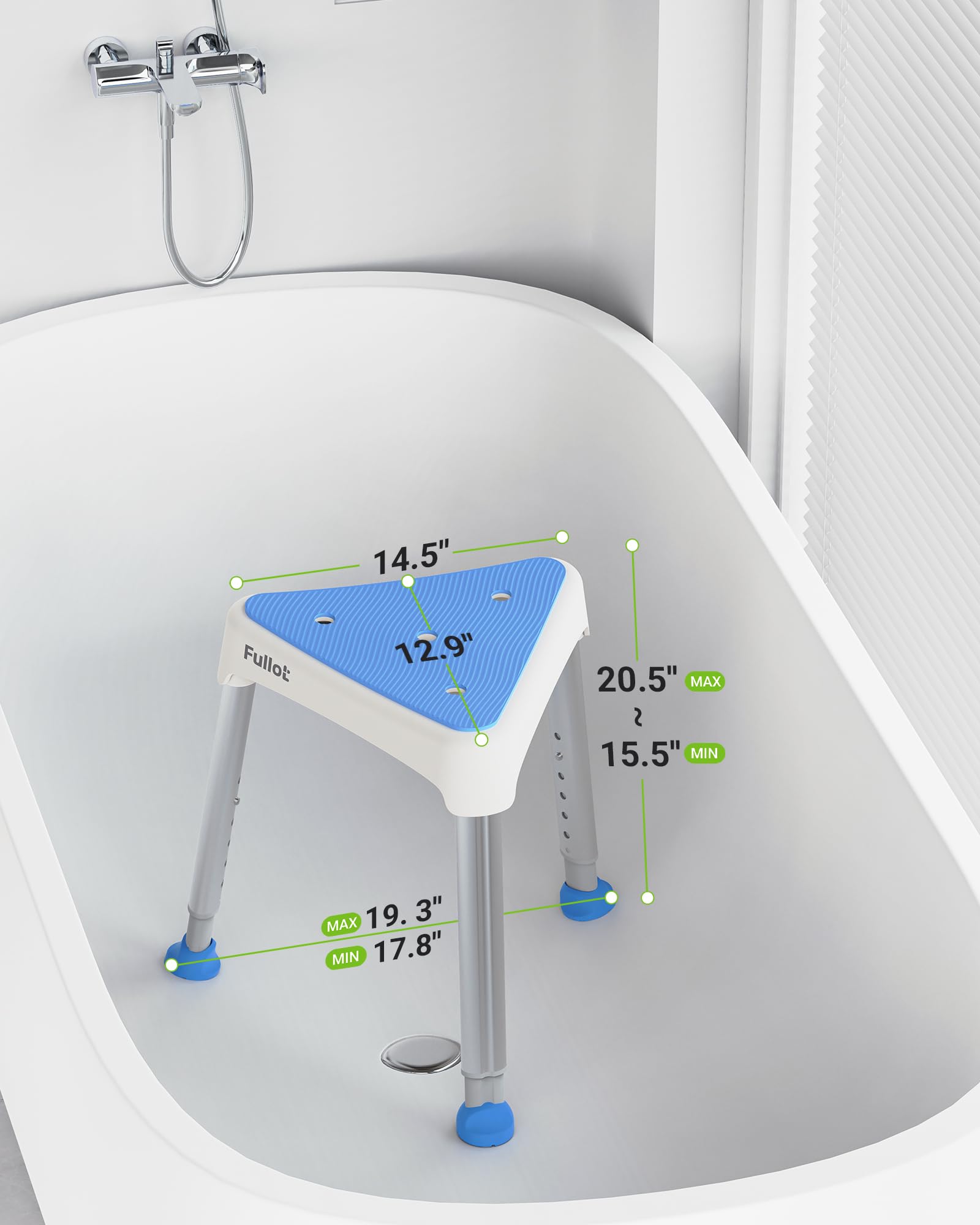 FULLOT Silla de ducha triangular que ahorra espacio para ancianos y discapacitados, asiento de ducha ajustable de 400 libras con soporte estable, silla de bañera antideslizante, montaje sin