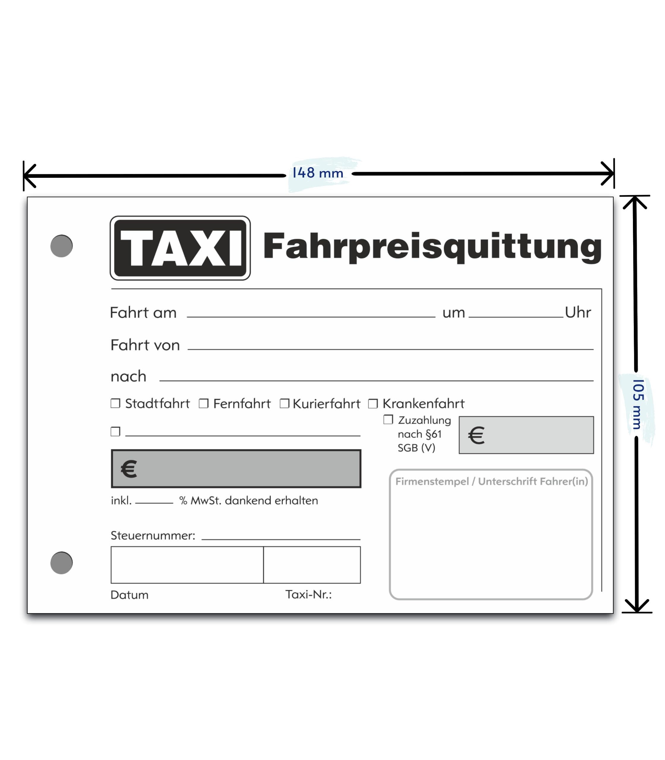 20x Taxiquittungsblock DIN A6 quer, 100 Blatt, gelocht, ohne Durchschlag