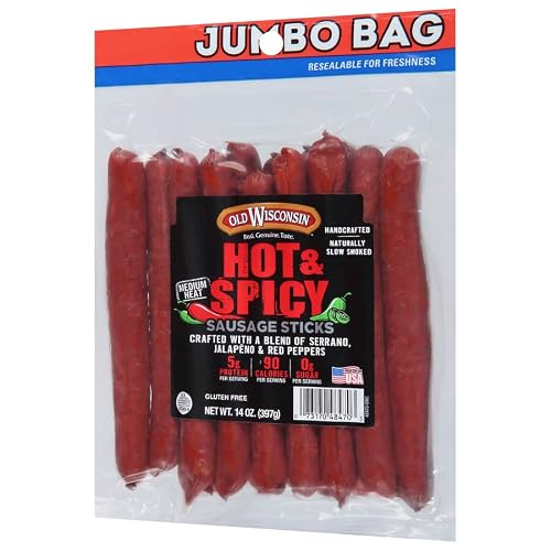 Old Wisconsin Hot & Spicy Twisted Link Sausage Snack Sticks, 14oz Resealable Package, Naturally Smoked, Ready to Eat, High Protein, Low Carb, Keto, Gluten Free