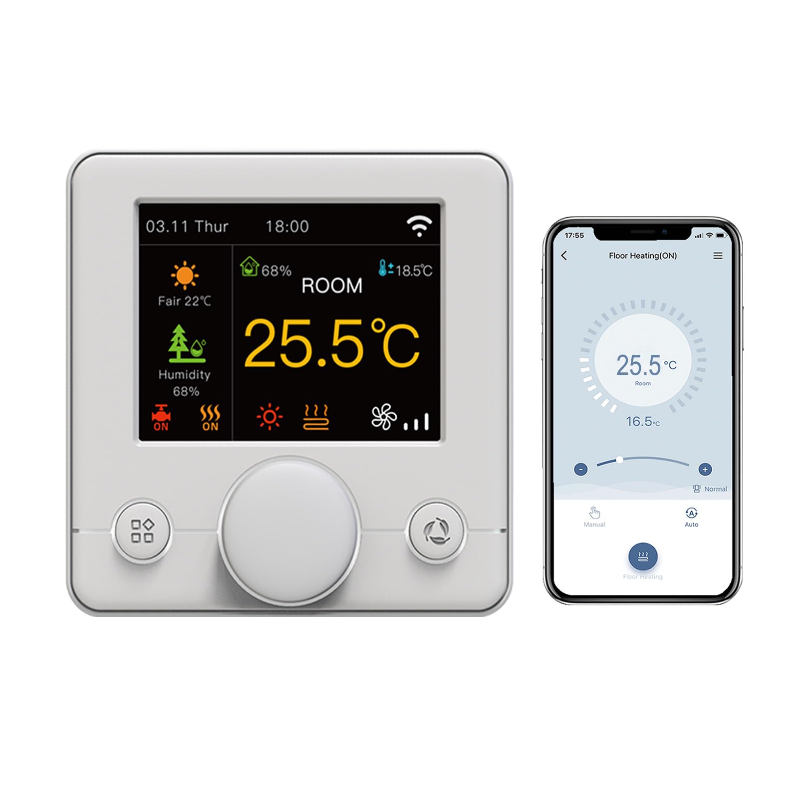 Termostato Inteligente WiFi con Dial de Color para Unidades Fan Coil de 2 Tubos - Controlador de Temperatura para Aire Acondicionado, 95-240V CA, Compatible con Alexa y Google Home