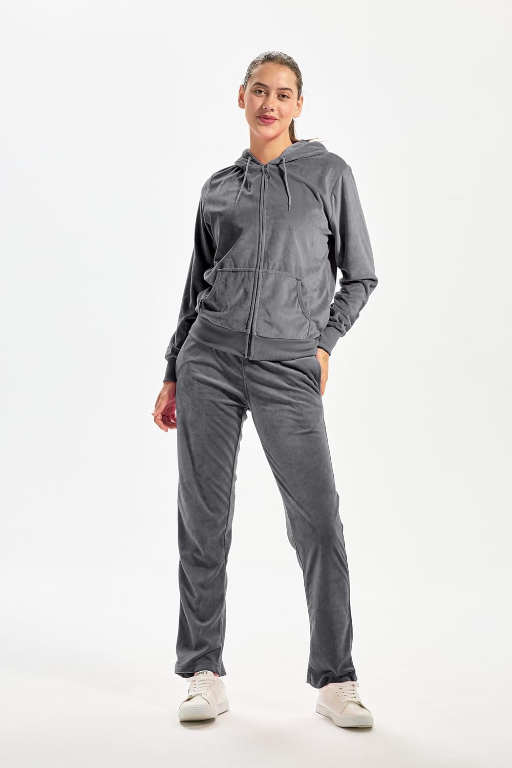 TanBridge Women's 2 Piece Solid Velvet Tracksuit Set Full Zip-up Hooded Sweatshirts & Pants Set - Image 7