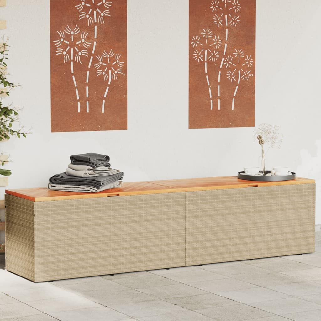 Homgoday Baúl de jardín con tapa, caja de cojín para jardín, caja de cojines, caja de almacenamiento, caja de almacenamiento, cofre de jardín, color beige, 220 x 50 x 54 cm, polirratán, madera de