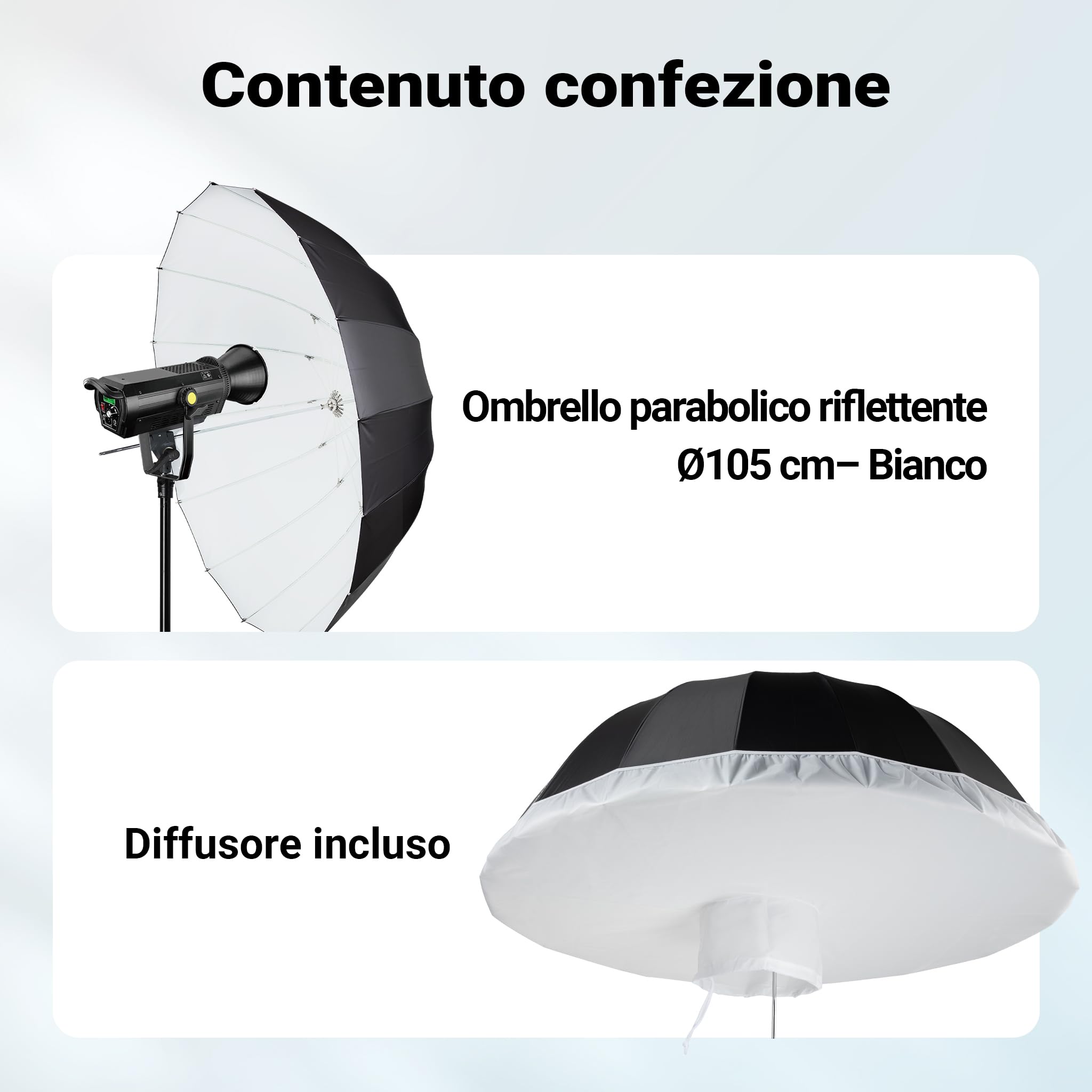 Walimex pro Ombrello fotografico parabolico nero/bianco Ø 105 cm + diffusore – Set di modellatori di luce per fotografia e videografia