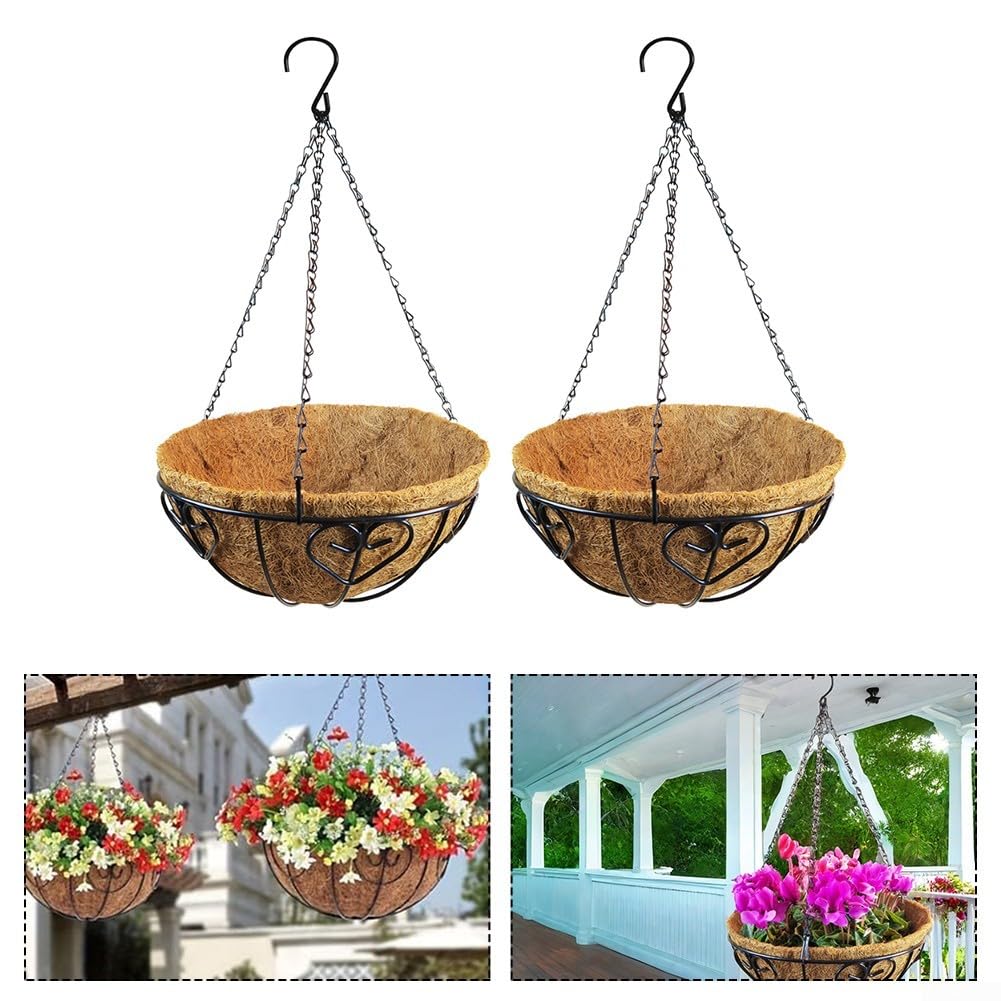 2 vasi da appendere in metallo con rivestimento in fibra di cocco, per giardino, patio, balcone, decorazione (30,5 cm)