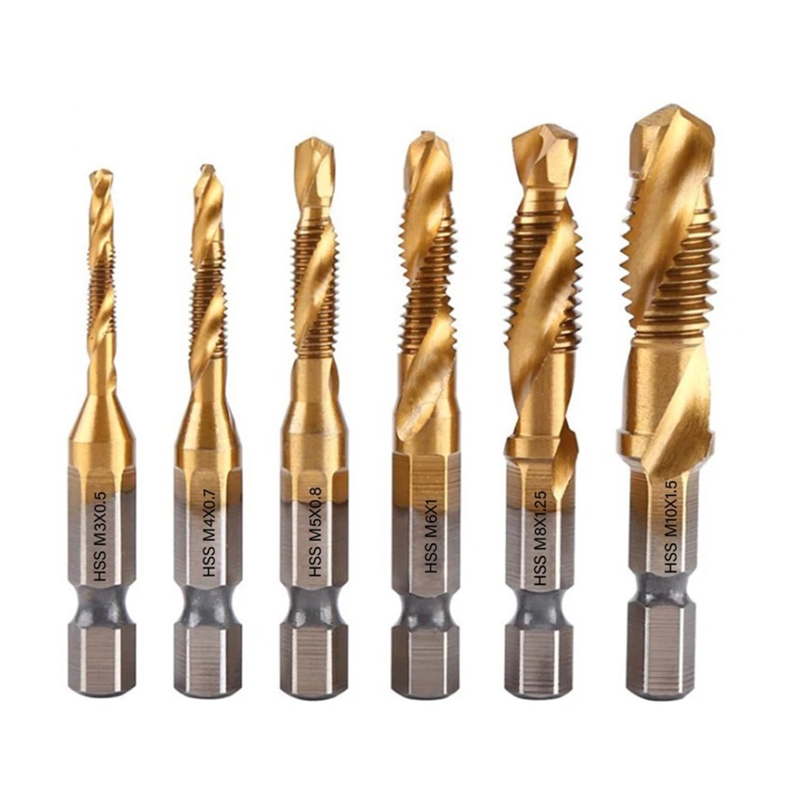 1-6 pezzi maschi for trapano con gambo esagonale placcato in titanio HSS for filettatura metrica punte for maschi for macchina for viti composte M3 M4 M5 M6 M8 M10 utensili manuali(SilverX6)