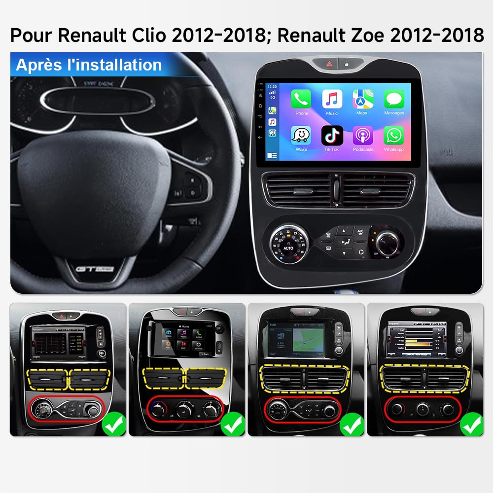 Autoradio Android 15 pour Renault Clio MK4 2012–2018-10,1" écran Tactile, 8-Core, 4+64 Go, Carplay sans Fil Android Auto, Dab+, Bluetooth, GPS, WiFi, Compatible avec SWC