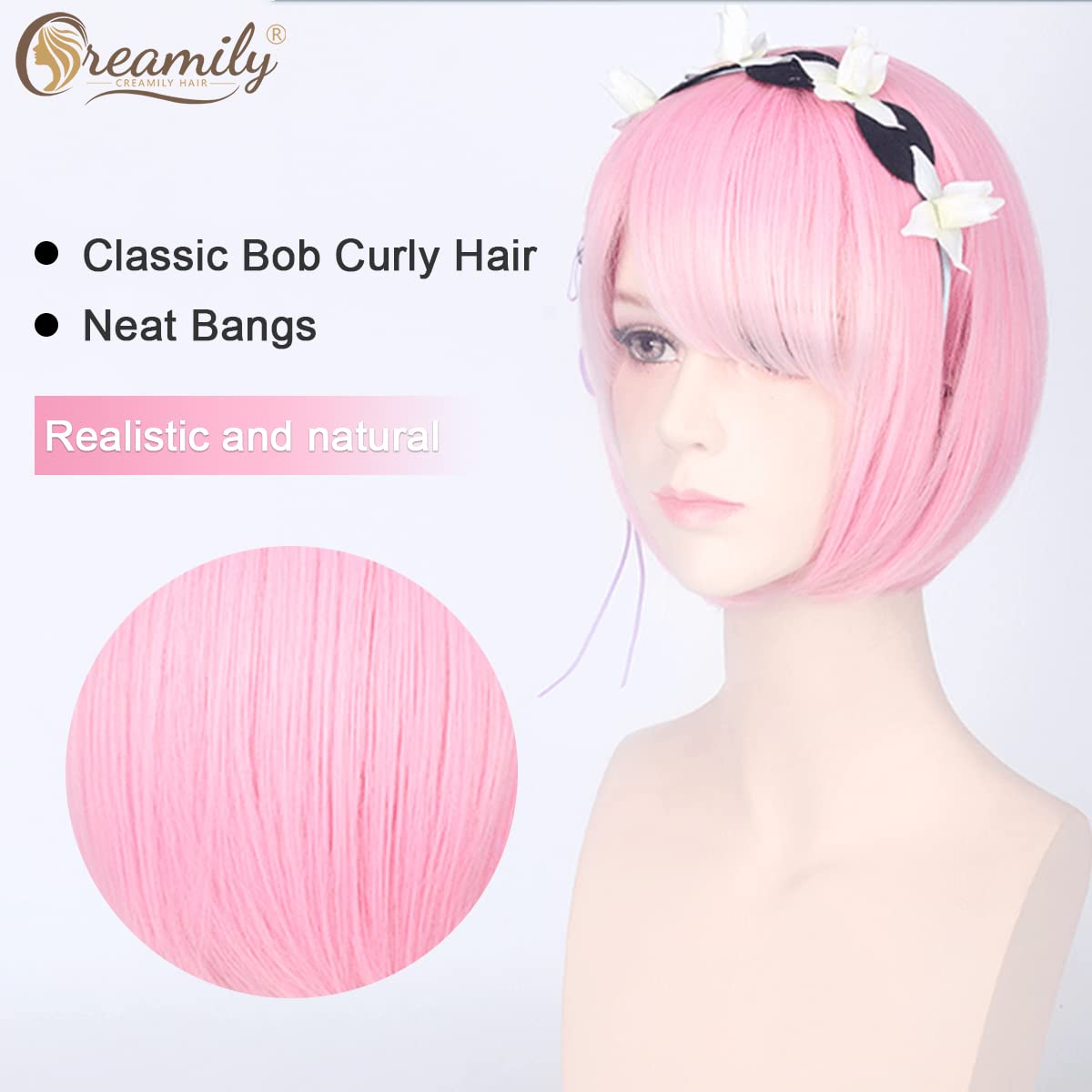 Creamily Short Bob Pink Wig with Bangs, Colorful Wig for Halloween Daily Cosplay & Party Use - Image 3