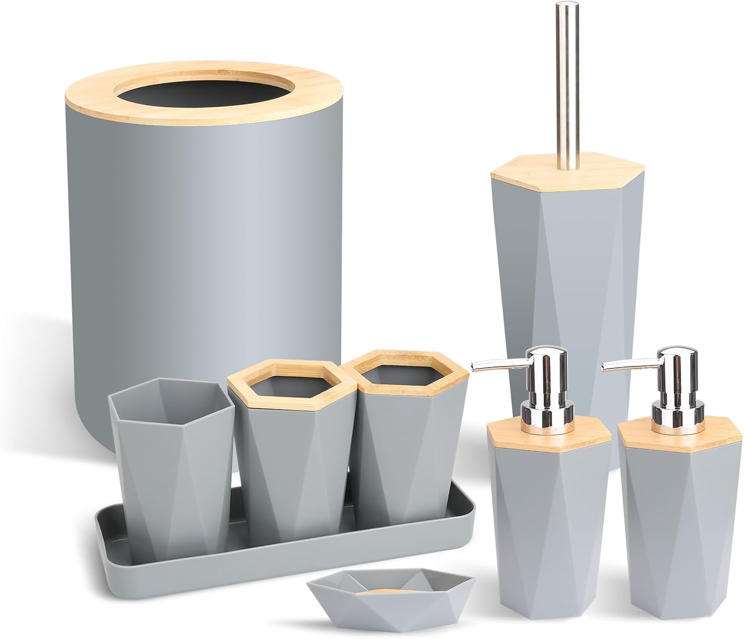 Matte Bathroom Accessories Set, 9Pcs Bamboo Bathroom Accessories Sets Completewith Trash Can, Toilet Brush Set,Toothbrush Holder, Toothbrush Cup, Soap Dispenser, Soap Dish(Grey) Matte Bathroom Accessories Set, 9Pcs Bamboo Bathroom Accessories Sets Completewith Trash Can, Toilet Brush Set,Toothbrush Holder, Toothbrush Cup, Soap Dispenser, Soap Dish(Grey)